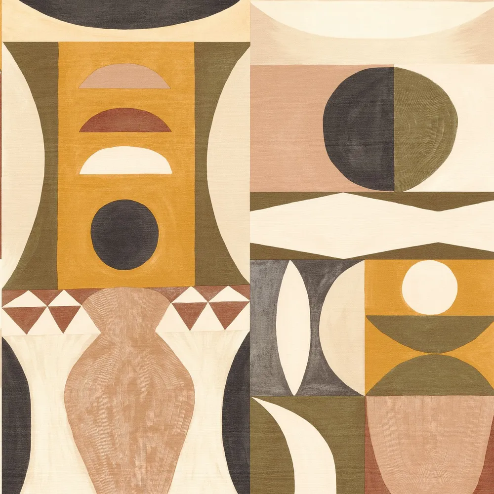 Abstraktní tapeta s geometrickým motivem AUGUSTE - KAKI/NUDE khaki s oranžovou