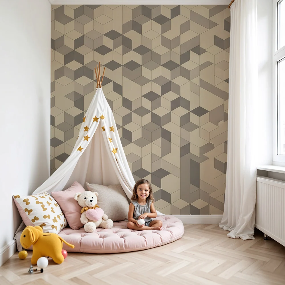 Dětský pokoj tapeta | Geometrický motiv kostek v neutrálních tónech