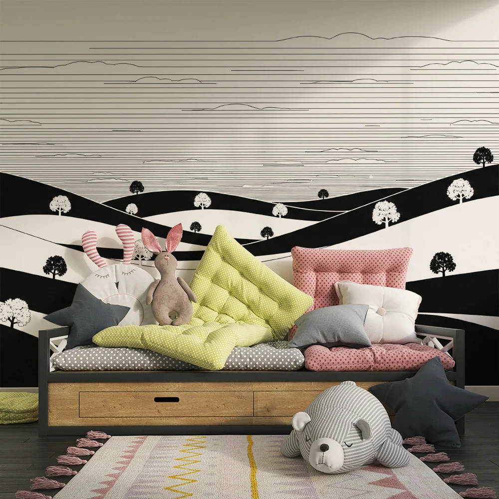 Dětský pokoj tapeta | Monochromatická krajina s kopců stylizovanými stromy