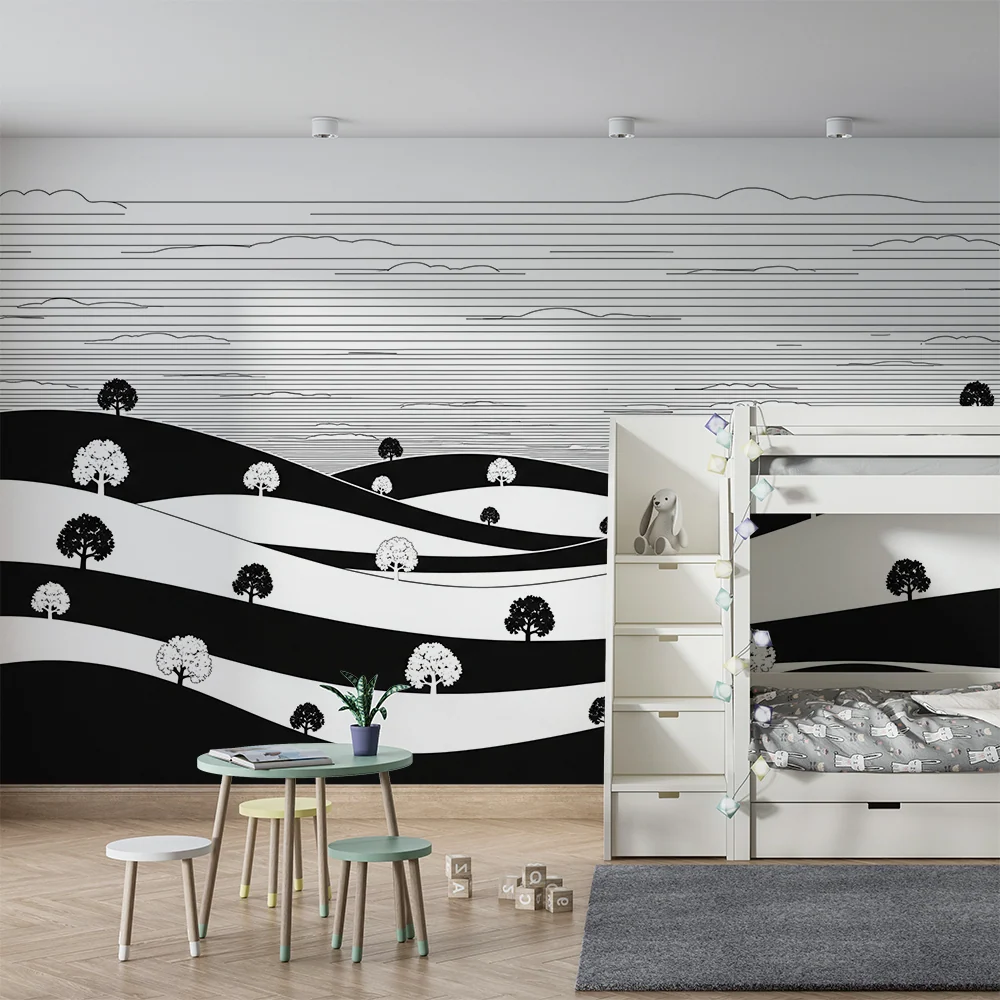 Dětský pokoj tapeta | Monochromatická krajina s kopců stylizovanými stromy