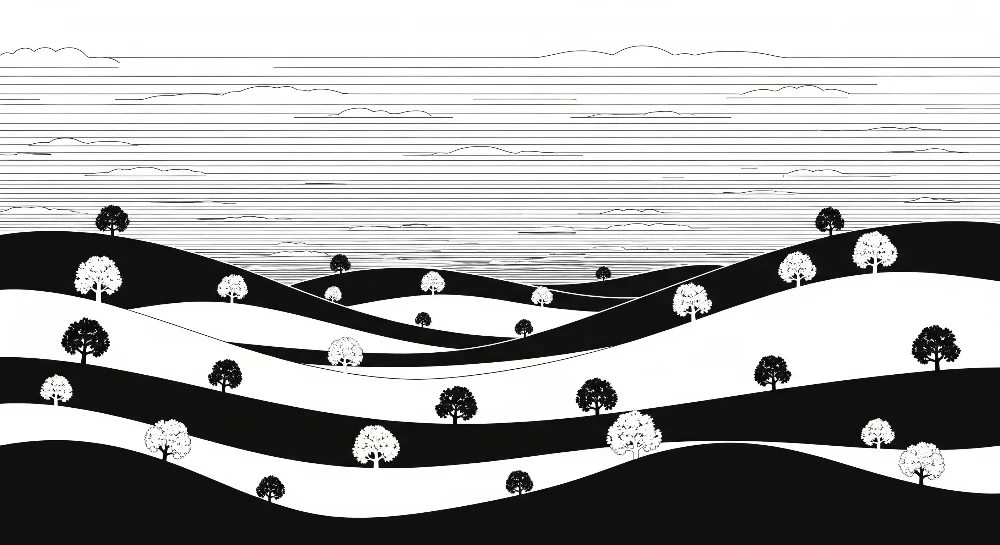 Dětský pokoj tapeta | Monochromatická krajina s kopců stylizovanými stromy