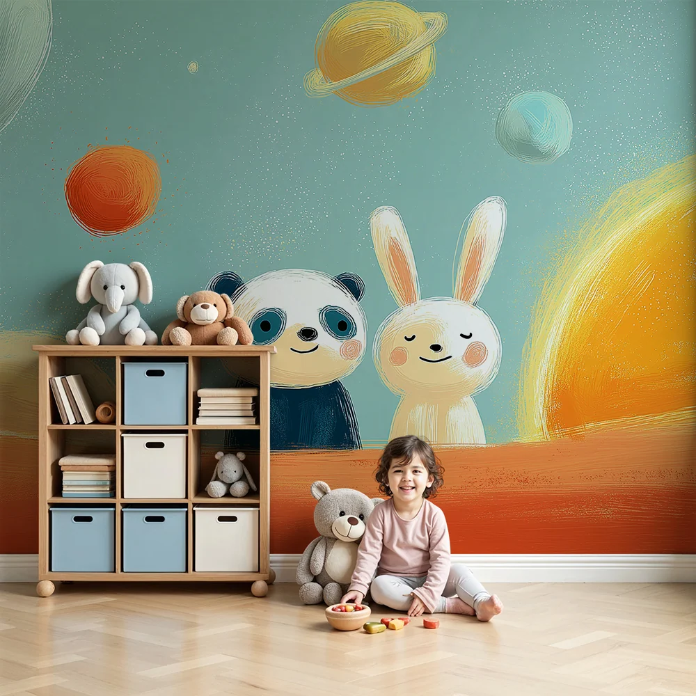 Dětský pokoj tapeta | Panda zajíc průzkumníci vesmíru