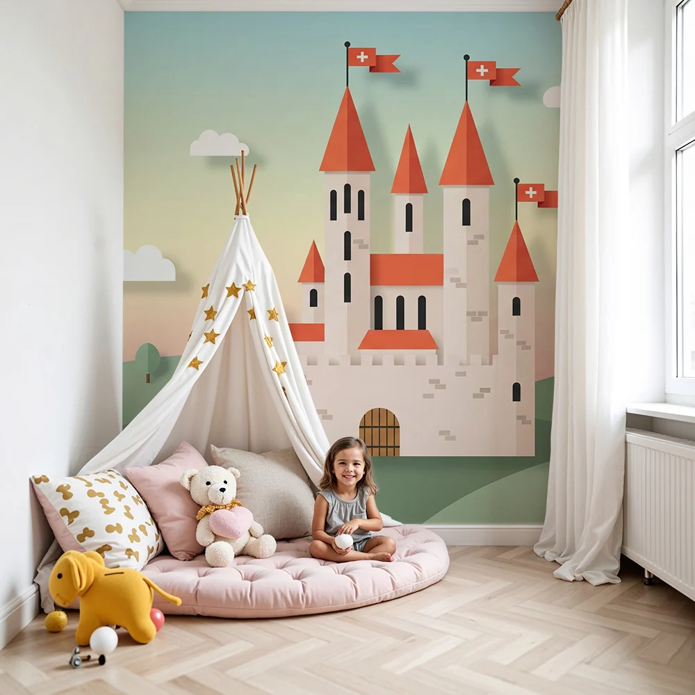 Dětský pokoj tapeta | Pohádkový zámek s kopci stylizovanými stromy