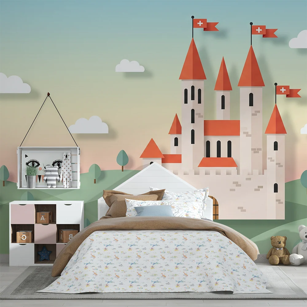 Dětský pokoj tapeta | Pohádkový zámek s kopci stylizovanými stromy
