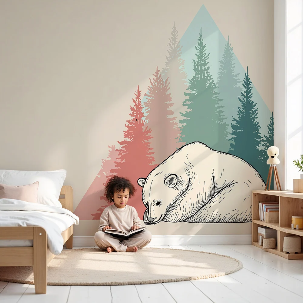 Dětský pokoj tapeta | Usínající medvěd stylizovaný les v pozadí