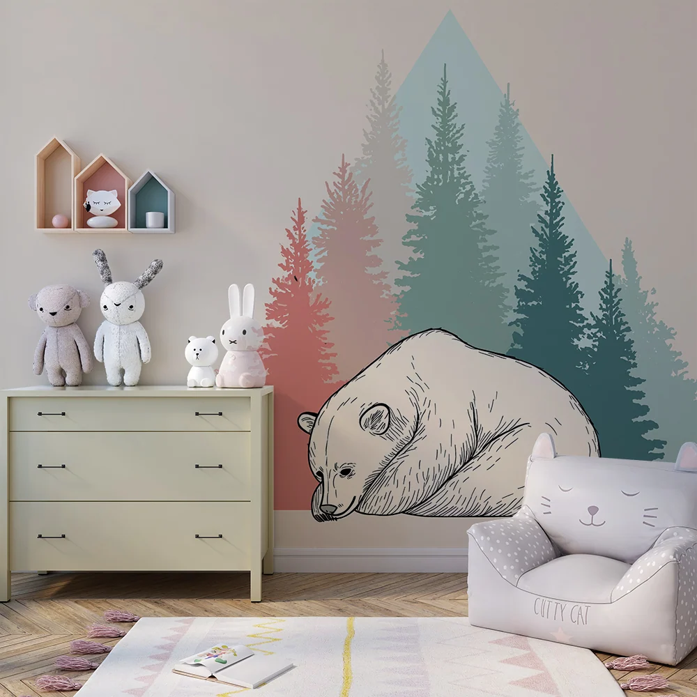 Dětský pokoj tapeta | Usínající medvěd stylizovaný les v pozadí