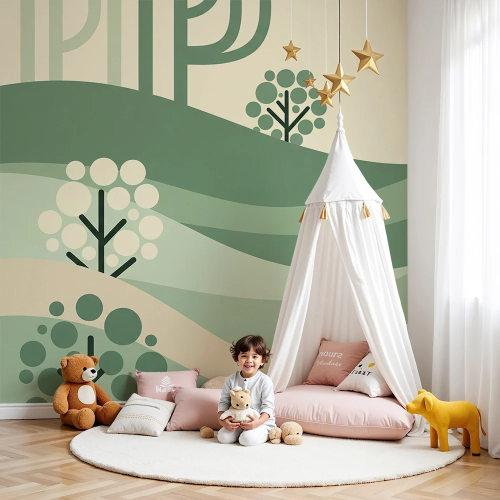 Dětská pokojová tapeta | Abstraktní krajina s kopci stylizovanými stromy