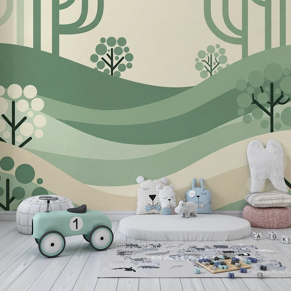 Dětská pokojová tapeta | Abstraktní krajina s kopci stylizovanými stromy