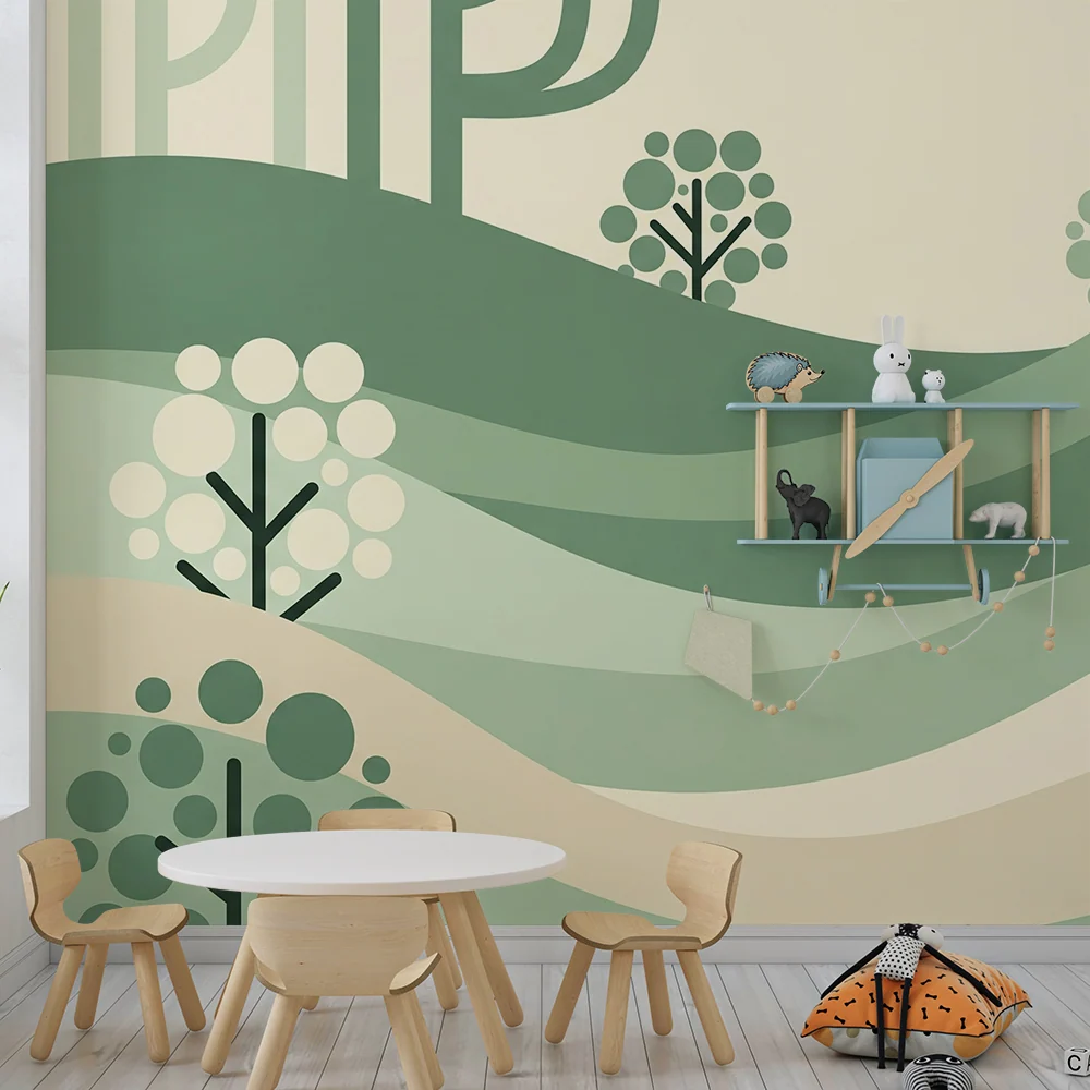 Dětská pokojová tapeta | Abstraktní krajina s kopci stylizovanými stromy
