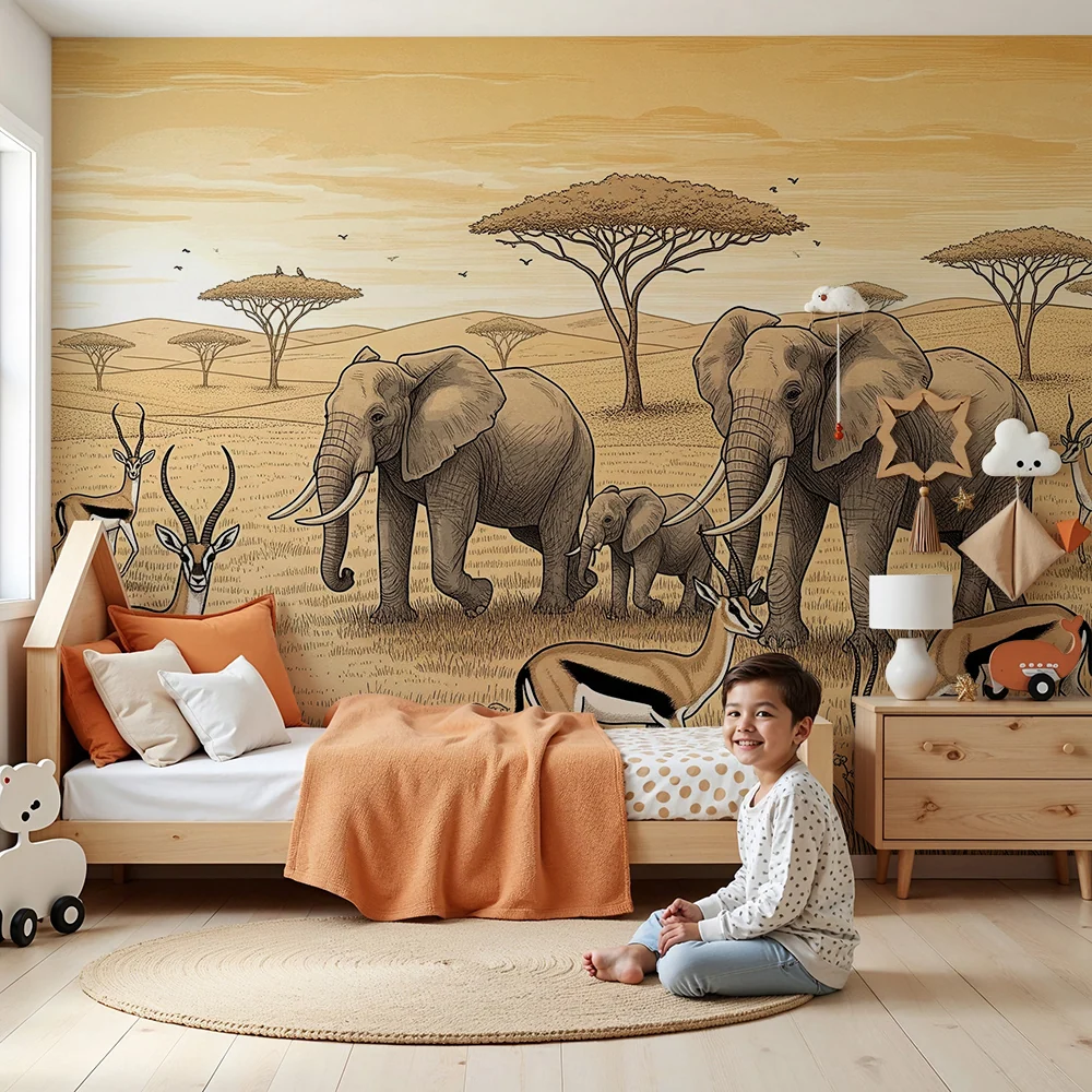 Dětská pokojová tapeta | Africká savana s slony antilopami