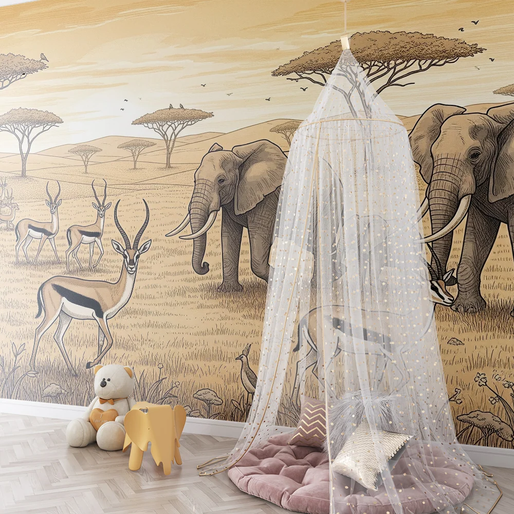 Dětská pokojová tapeta | Africká savana s slony antilopami