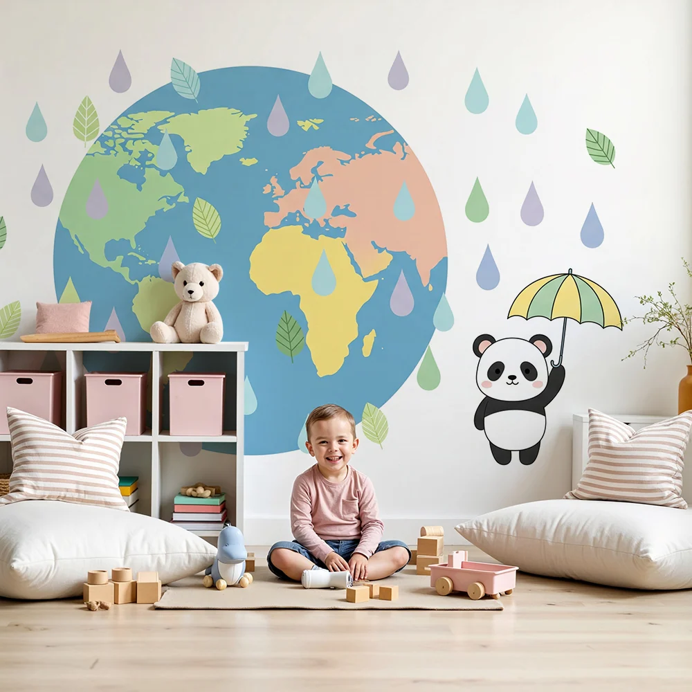 Dětská pokojová tapeta | Šťastný panda pod deštěm se světem v pozadí