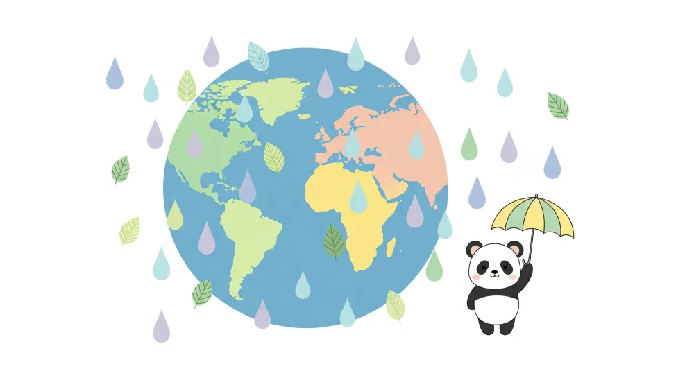 Dětská pokojová tapeta | Šťastný panda pod deštěm se světem v pozadí