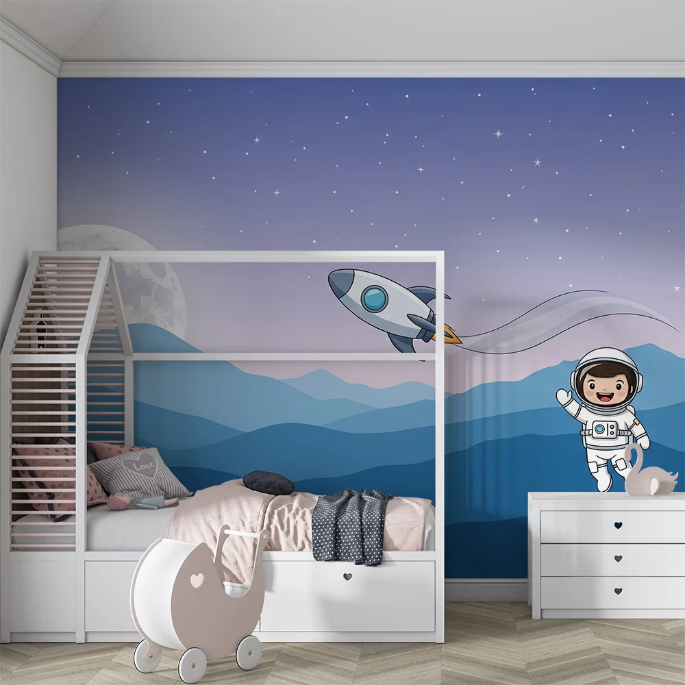 Dětská pokojová tapeta | Astronaut raketa na hvězdné obloze