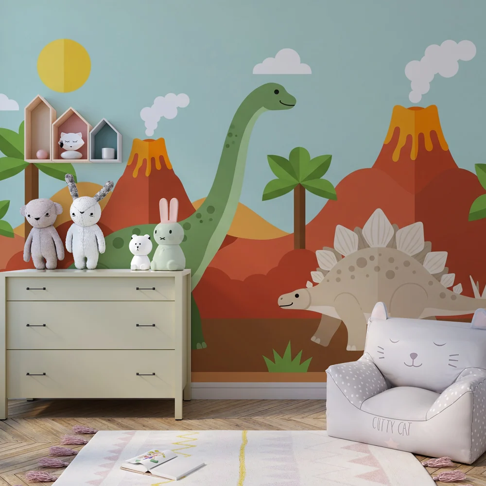 Dětská pokojová tapeta | Barevní dinosauři sopky