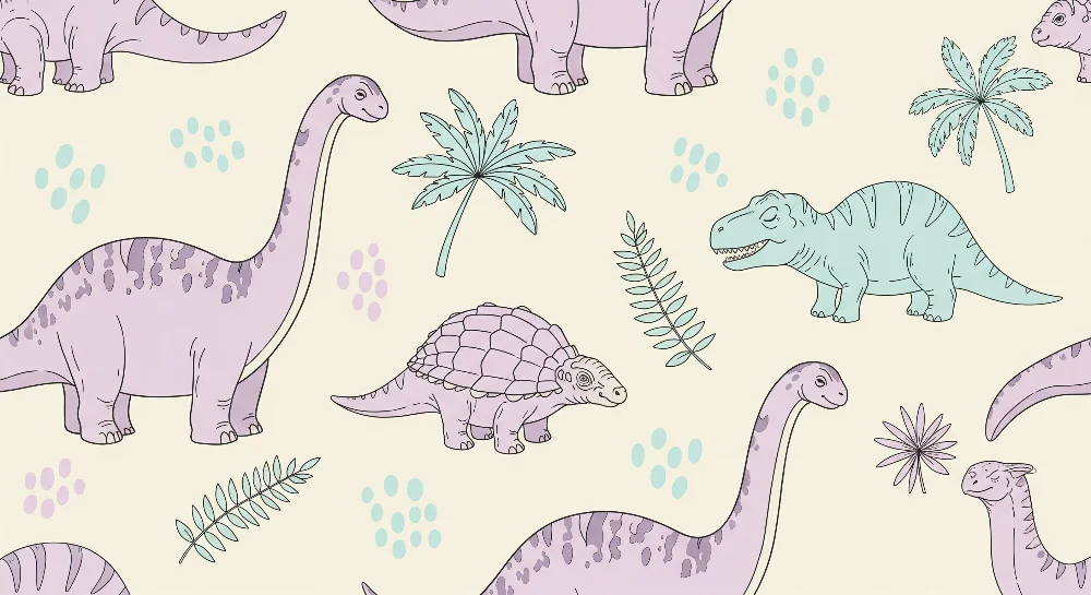 Dětská pokojová tapeta | Barevní dinosauři tropické listí