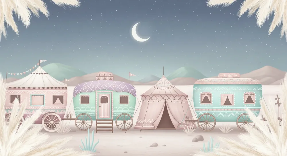 Dětská pokojová tapeta | Barevný karavan pod hvězdnou oblohou