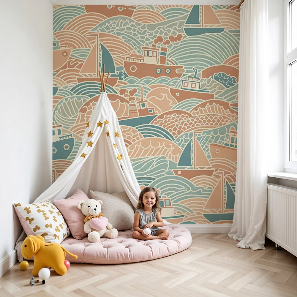 Dětská pokojová tapeta | Barevné lodě plující na stylizovaných vlnách