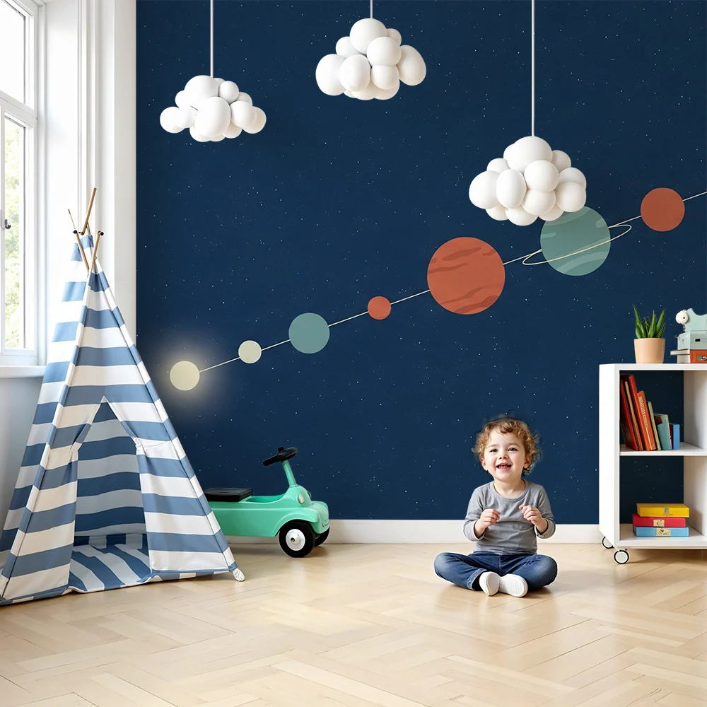 Dětská pokojová tapeta | Barevný sluneční systém se stylizovanými planetami