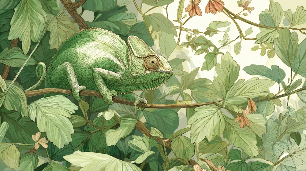 Dětská pokojová tapeta | Chameleon na větvi obklopený bujným listím