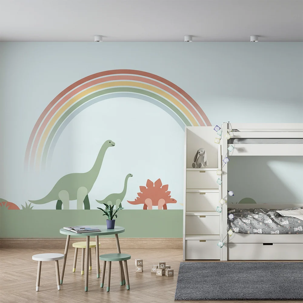 Dětská pokojová tapeta | Dinosaurus pod pastelovým duhou