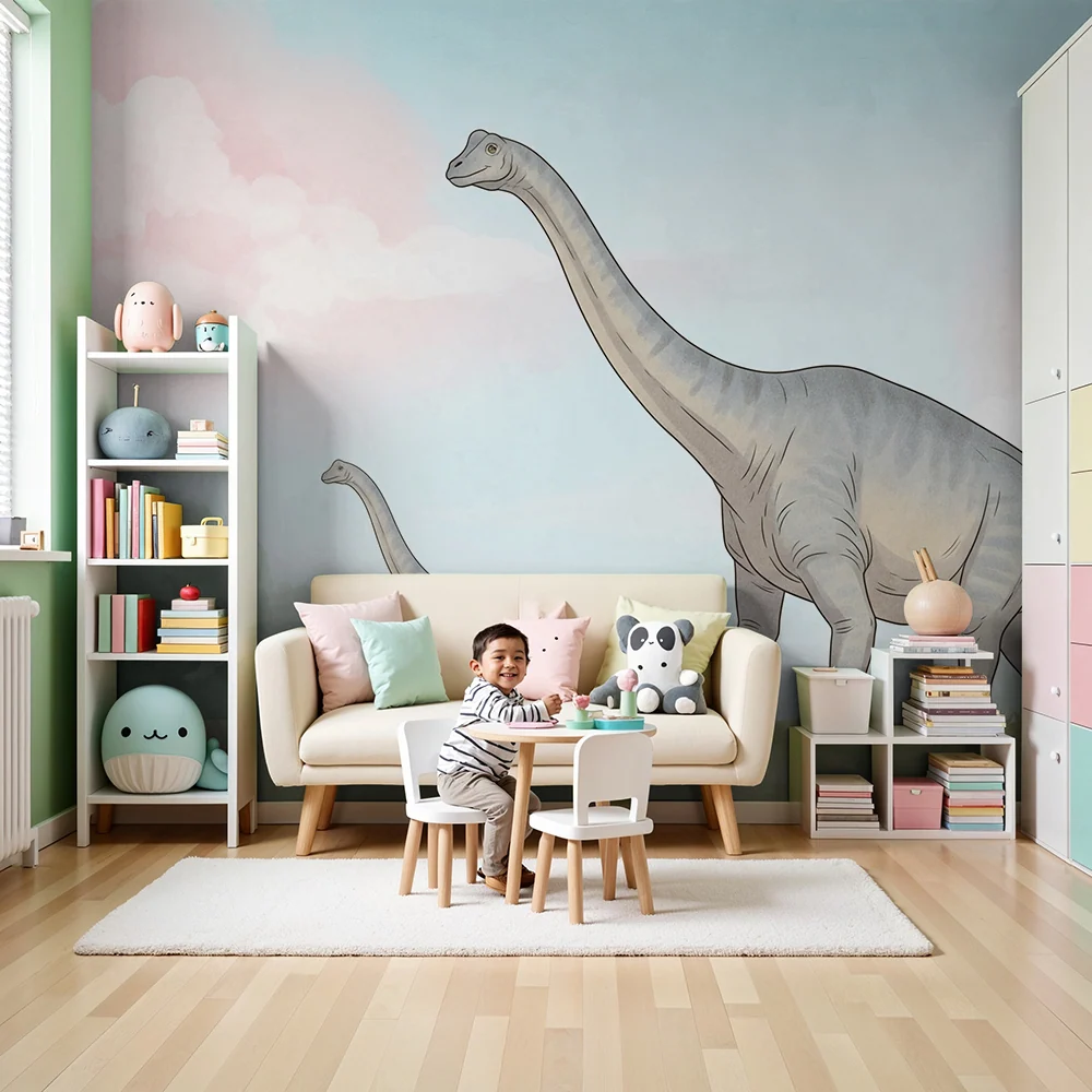 Dětská pokojová tapeta | Diplodocus na pastelově barevném pozadí