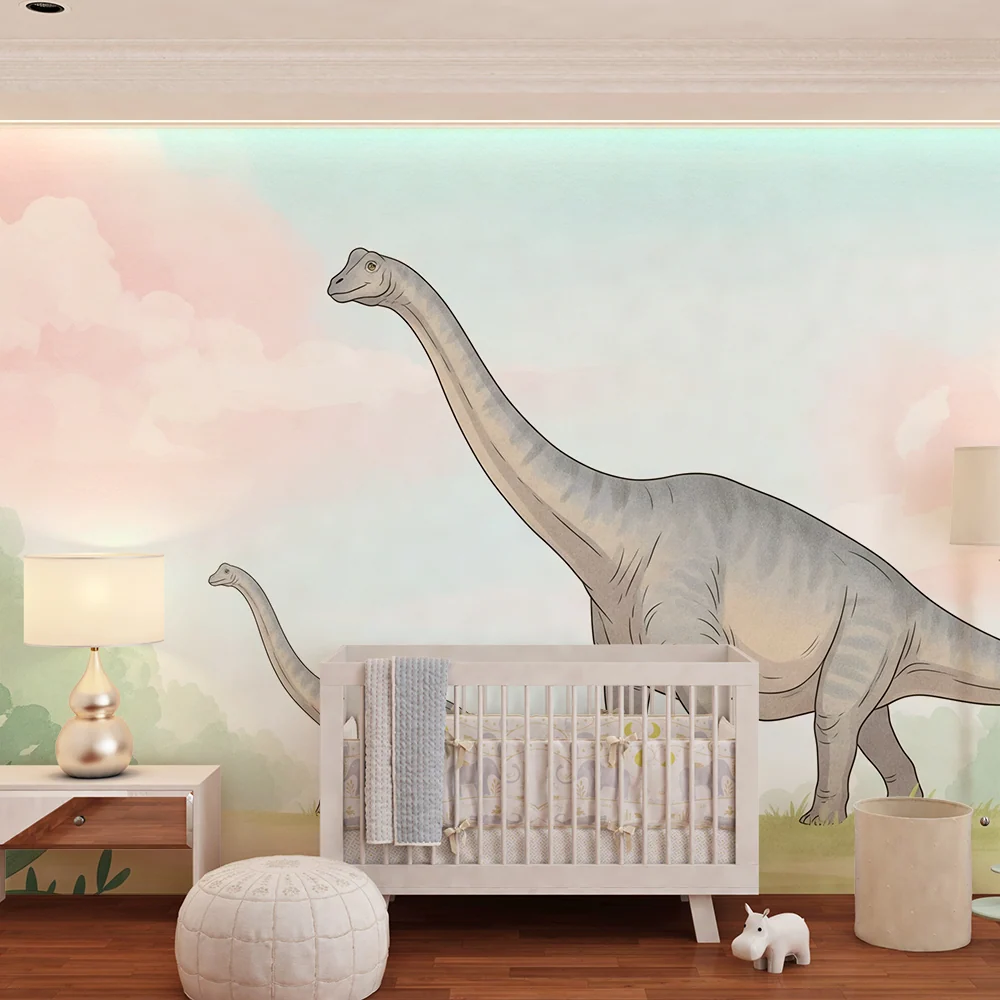 Dětská pokojová tapeta | Diplodocus na pastelově barevném pozadí