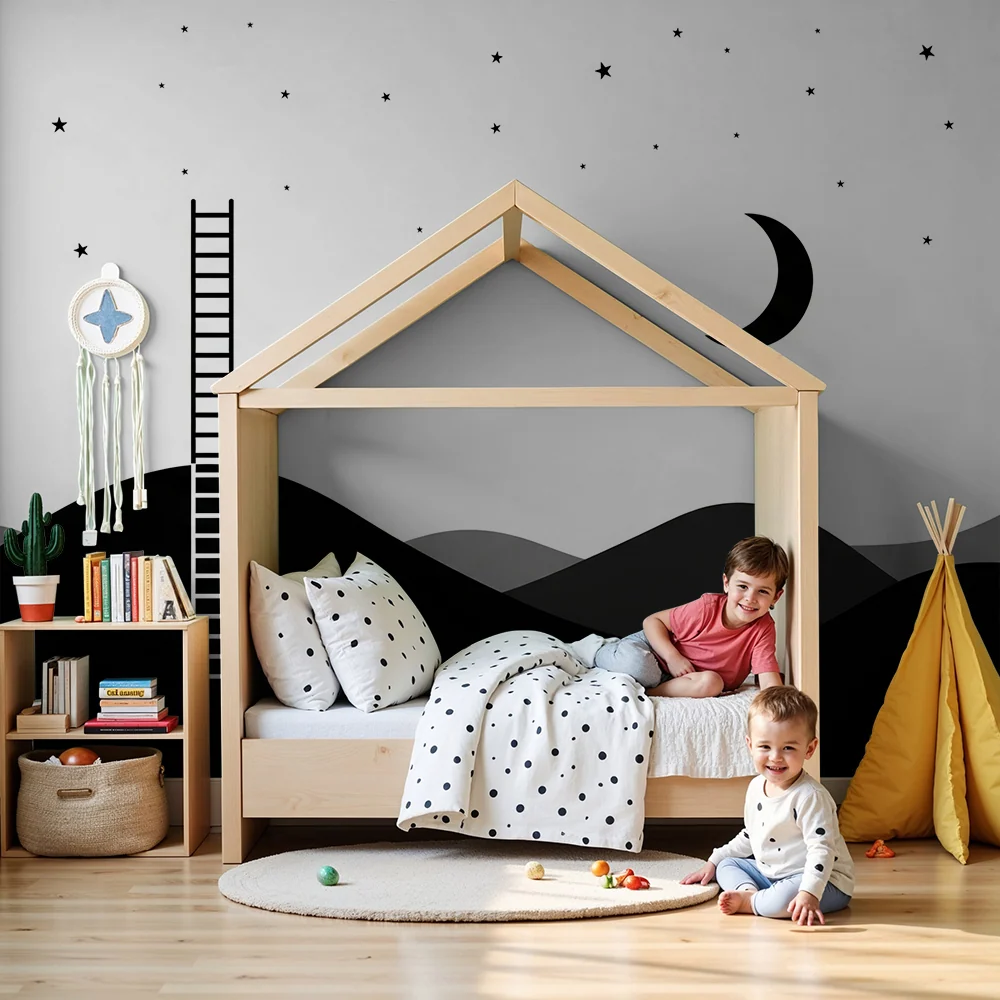 Dětská pokojová tapeta | Žebřík ke hvězdám minimalistická noční krajina