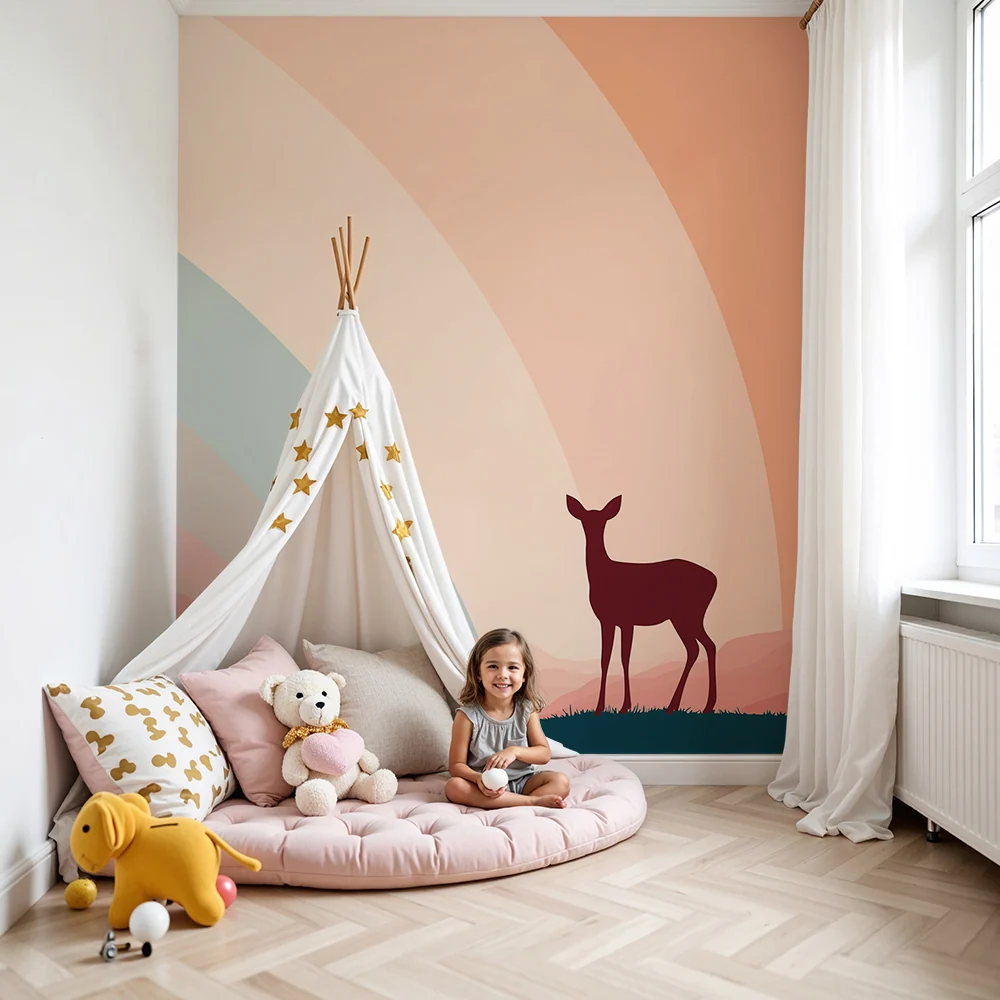 Dětská pokojová tapeta | Elegantní jelen pod pastelovým duhou
