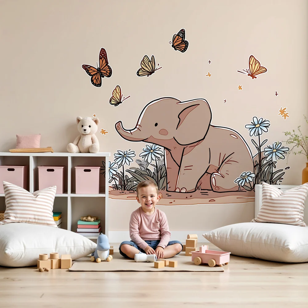 Dětská pokojová tapeta | Elegantní slon motýlky v zahradě