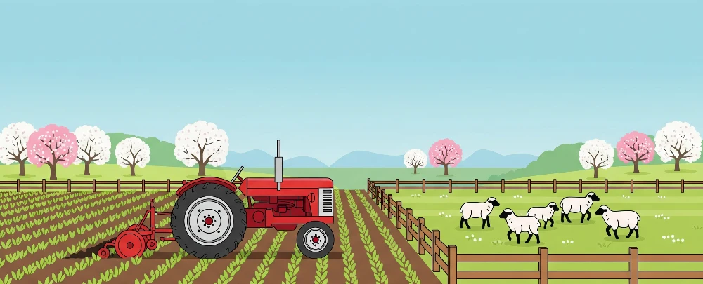 Dětská pokojová tapeta | Červený traktor ovce v pastevní krajinné