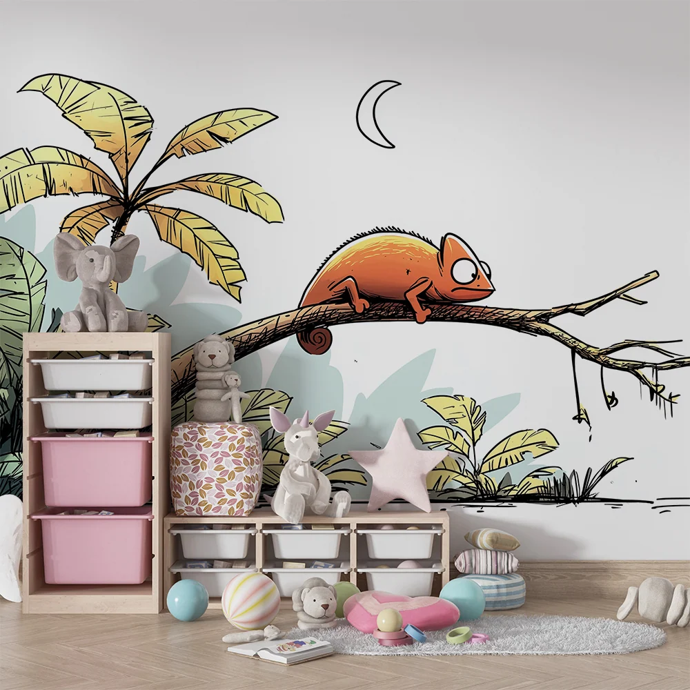 Dětská pokojová tapeta | Šibalský chameleon na tropické větvi