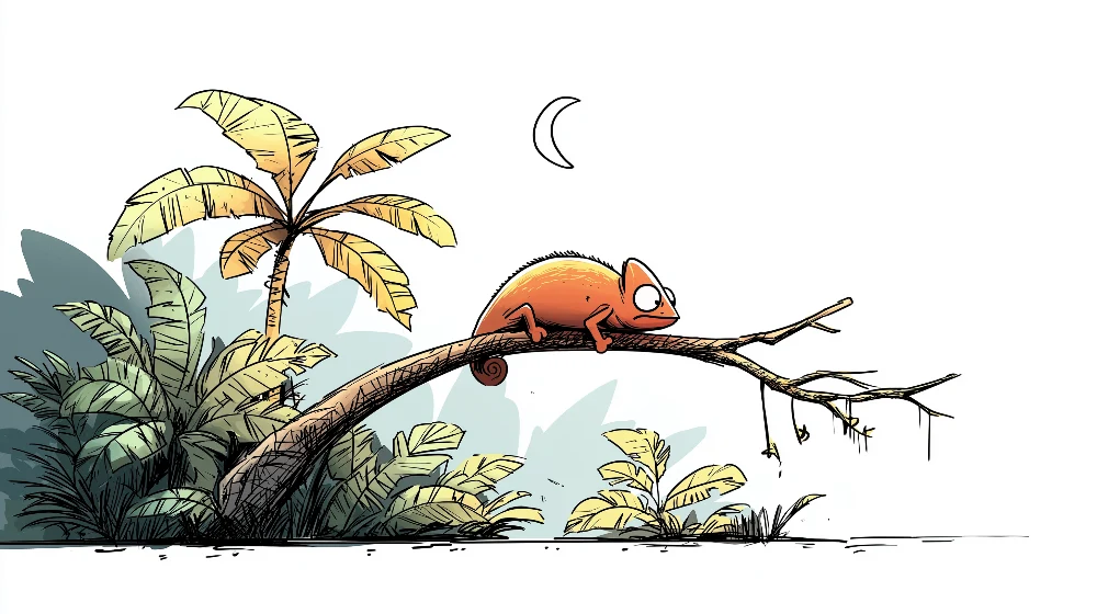 Dětská pokojová tapeta | Šibalský chameleon na tropické větvi