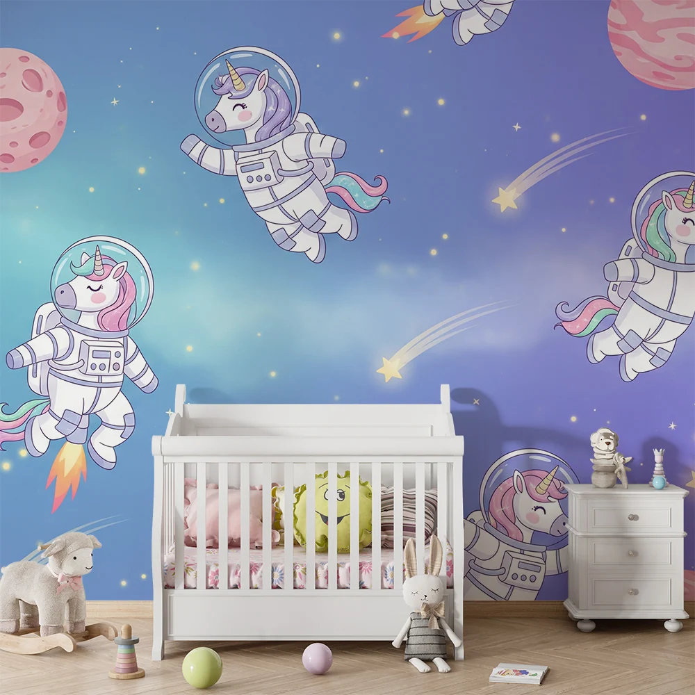 Dětská pokojová tapeta | Jednorožci astronauti ve barevném vesmíru