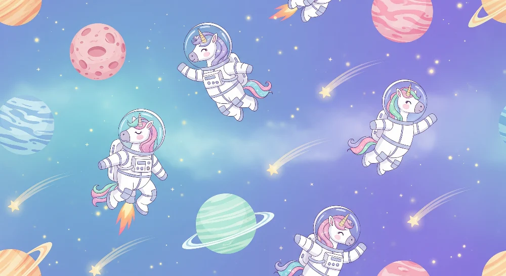 Dětská pokojová tapeta | Jednorožci astronauti ve barevném vesmíru