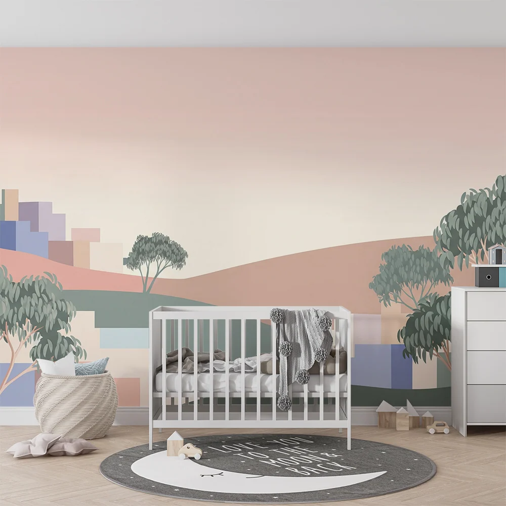 Dětská pokojová tapeta | Jemná krajina s kopců stylizovanými stromy