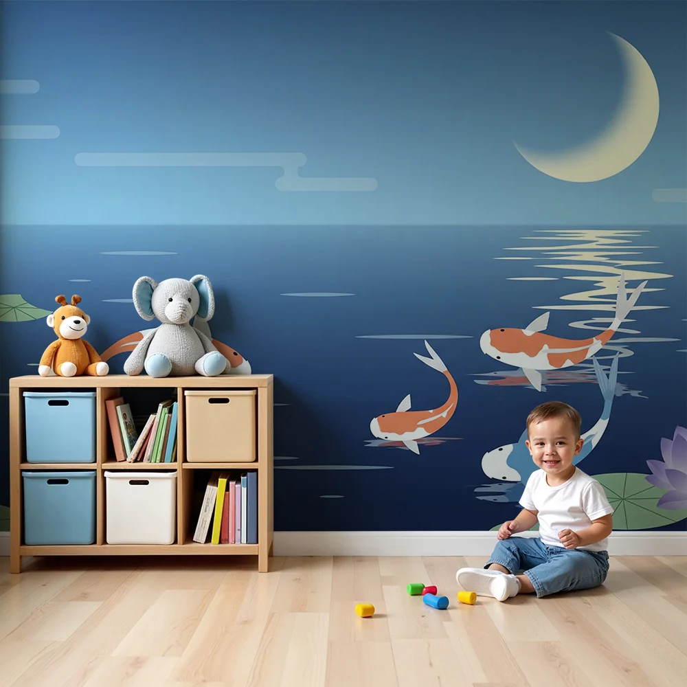 Dětská pokojová tapeta | Koi ryby lotosové květy pod měsícem