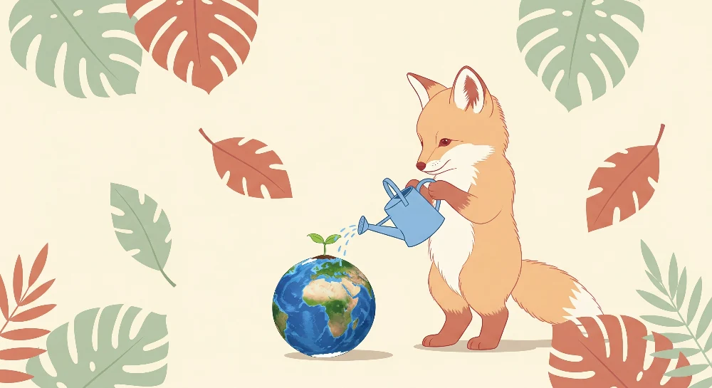 Dětská pokojová tapeta | Liška zalévající planetu s tropickými listy