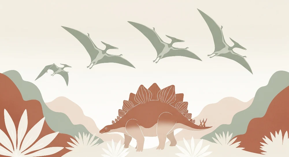 Dětská pokojová tapeta | Majestátní dinosaurus let ptakoještěrů v prehistorické krajině