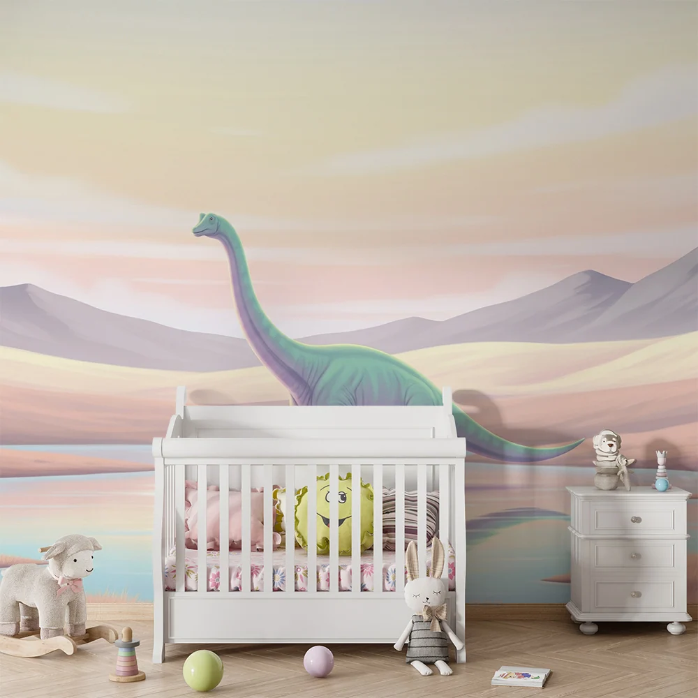 Dětská pokojová tapeta | Majestátní dinosaurus u poklidného jezera