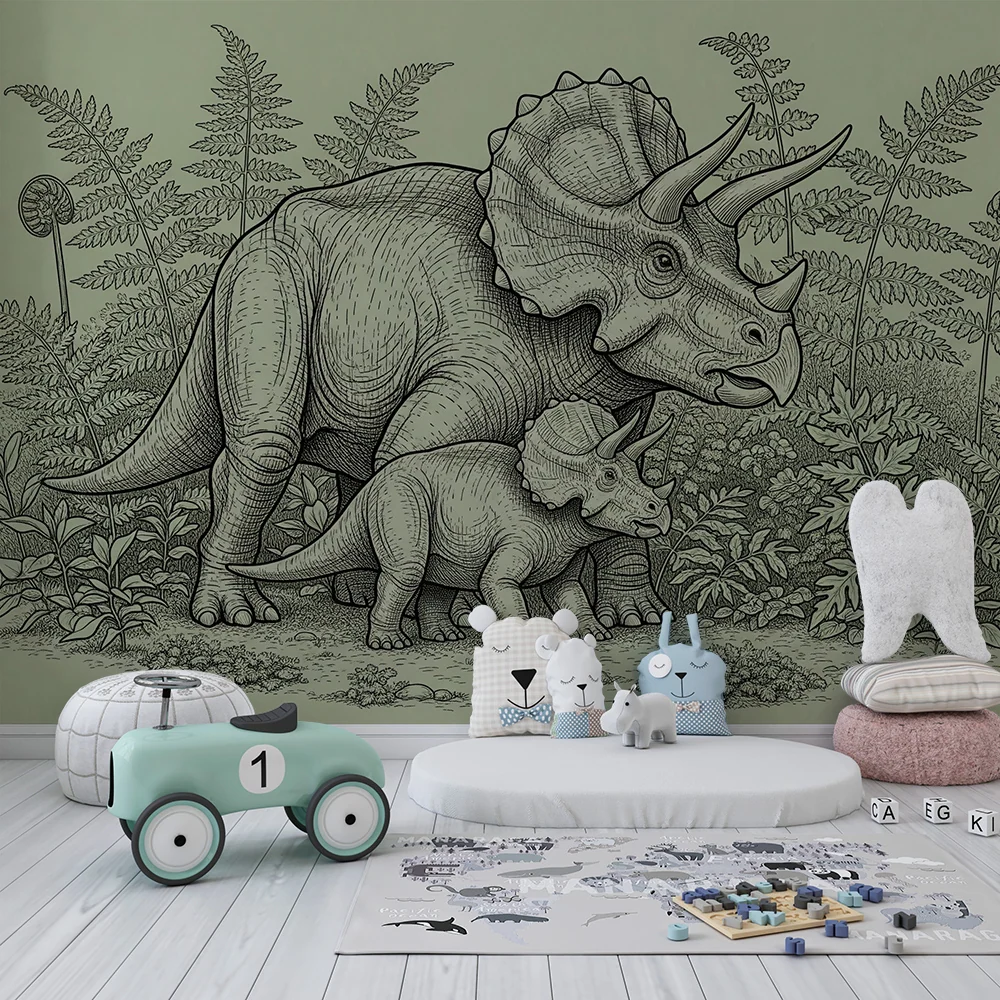 Dětská pokojová tapeta | Majestátní triceratops jeho mládě v pravěké džungli