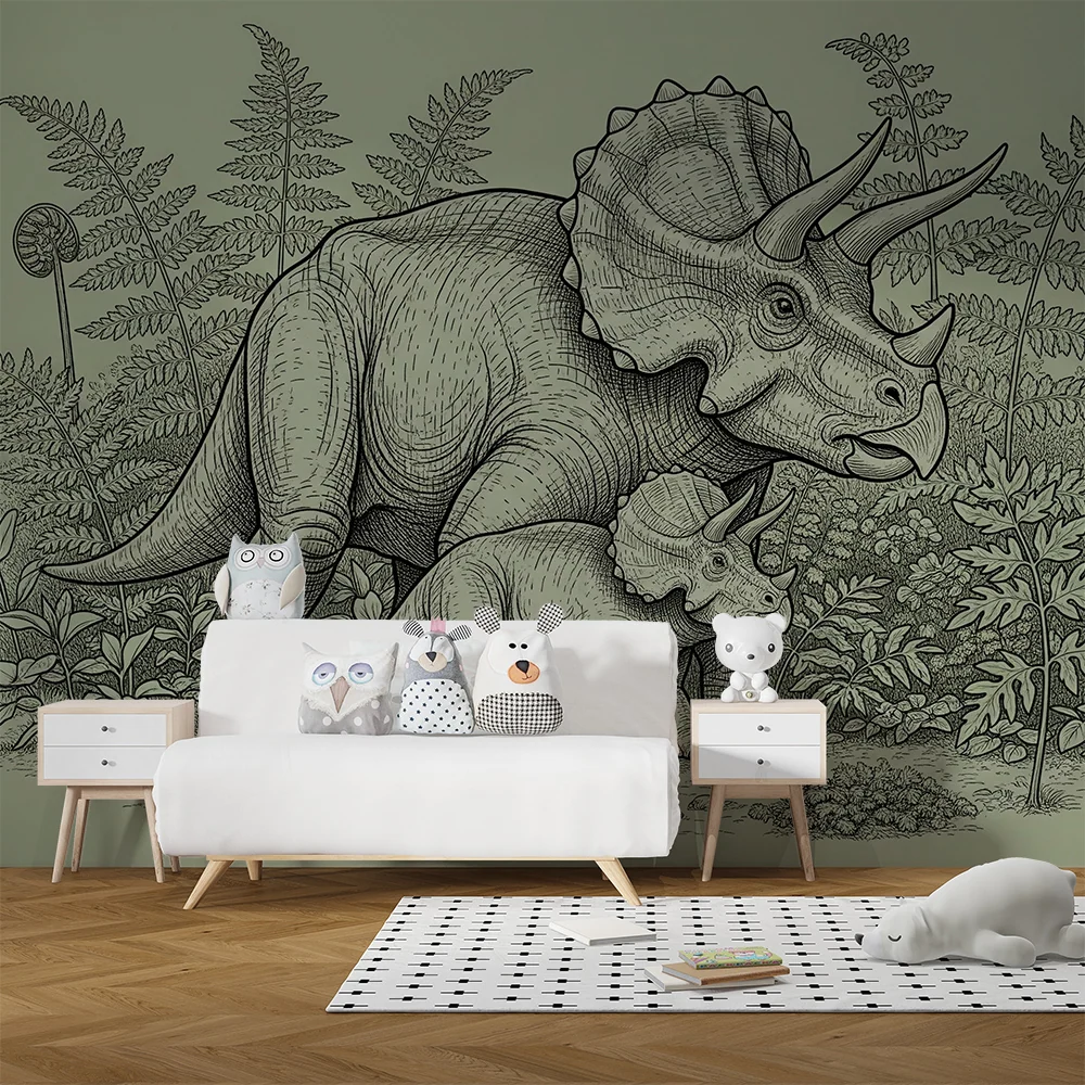 Dětská pokojová tapeta | Majestátní triceratops jeho mládě v pravěké džungli