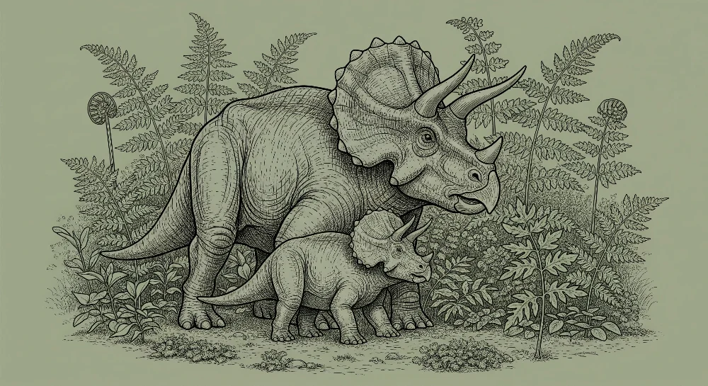 Dětská pokojová tapeta | Majestátní triceratops jeho mládě v pravěké džungli
