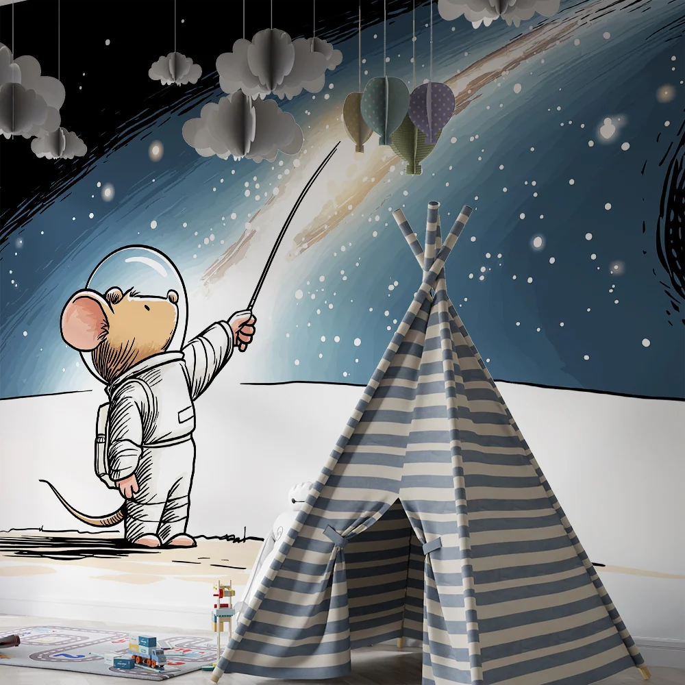 Dětská pokojová tapeta | Malá myš astronaut zkoumá hvězdný vesmír