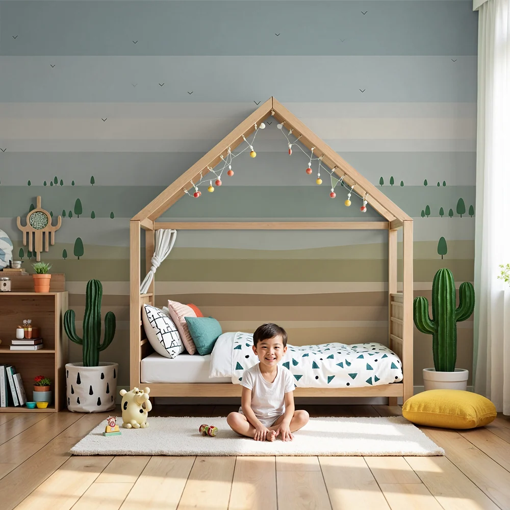 Dětská pokojová tapeta | Minimalistická krajina s stylizovanými stromy postupnými barevnými přechody pro uklidňující atmos...