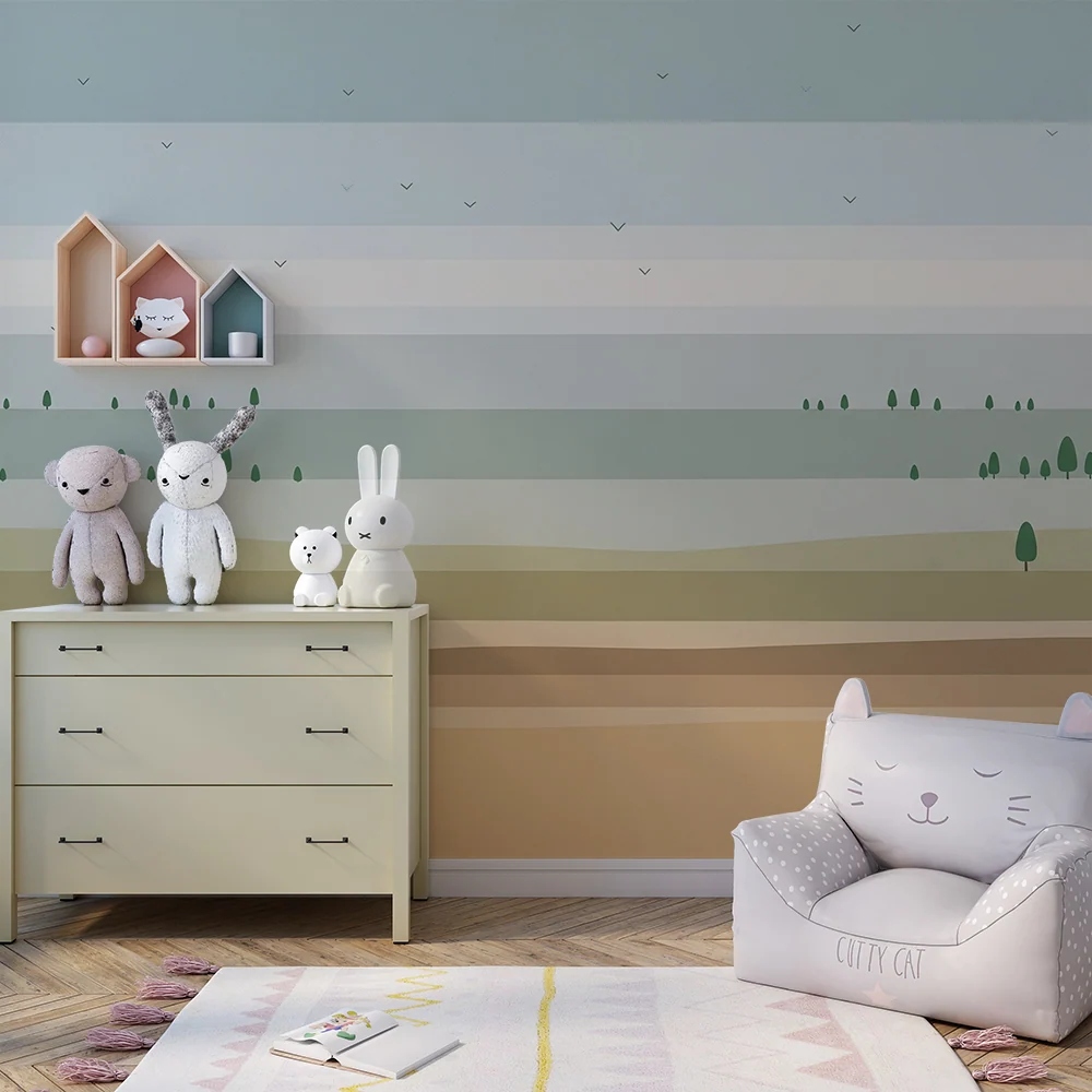 Dětská pokojová tapeta | Minimalistická krajina s stylizovanými stromy postupnými barevnými přechody pro uklidňující atmos...