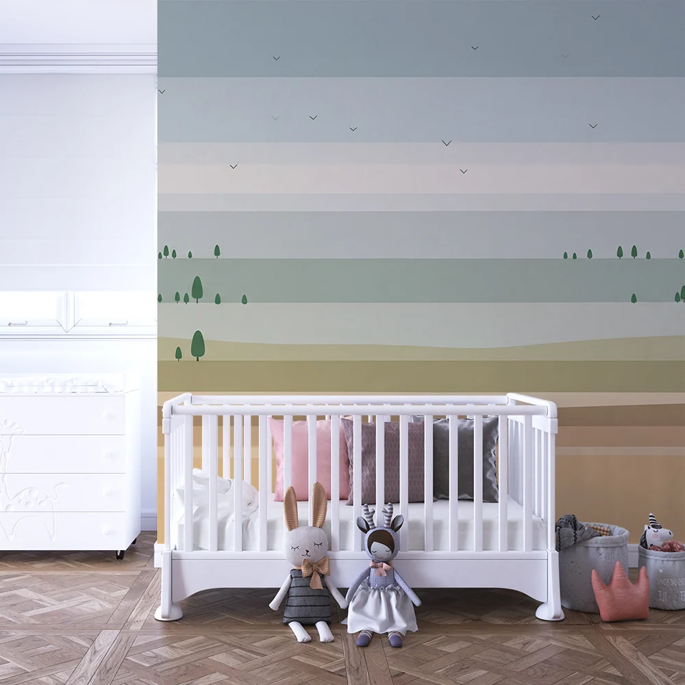 Dětská pokojová tapeta | Minimalistická krajina s stylizovanými stromy postupnými barevnými přechody pro uklidňující atmos...