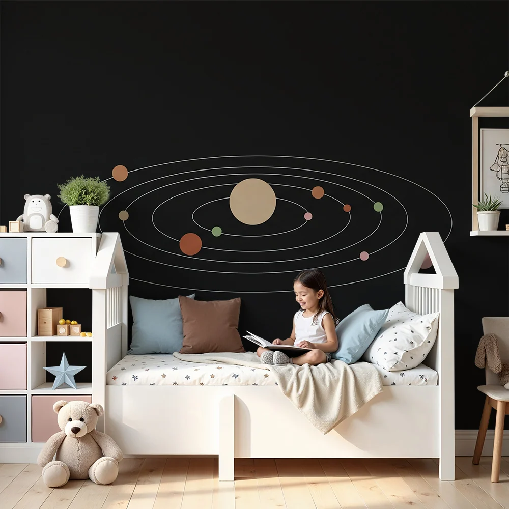 Dětská pokojová tapeta | Minimalistická sluneční soustava s barevnými planetami