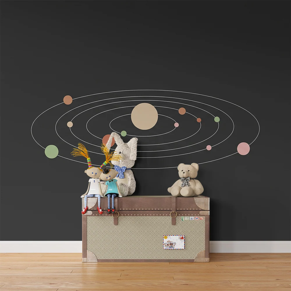 Dětská pokojová tapeta | Minimalistická sluneční soustava s barevnými planetami
