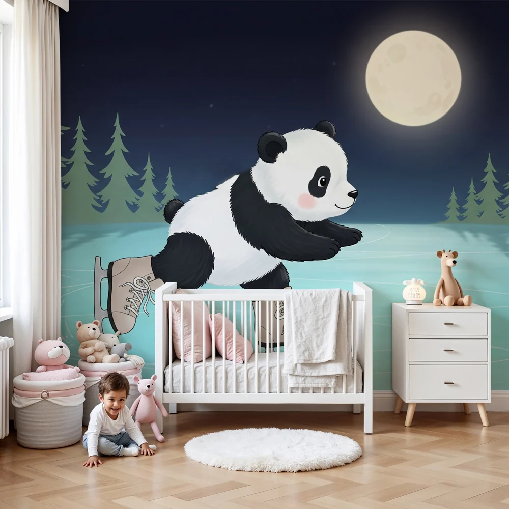 Dětská pokojová tapeta | Panda bruslař pod měsícem